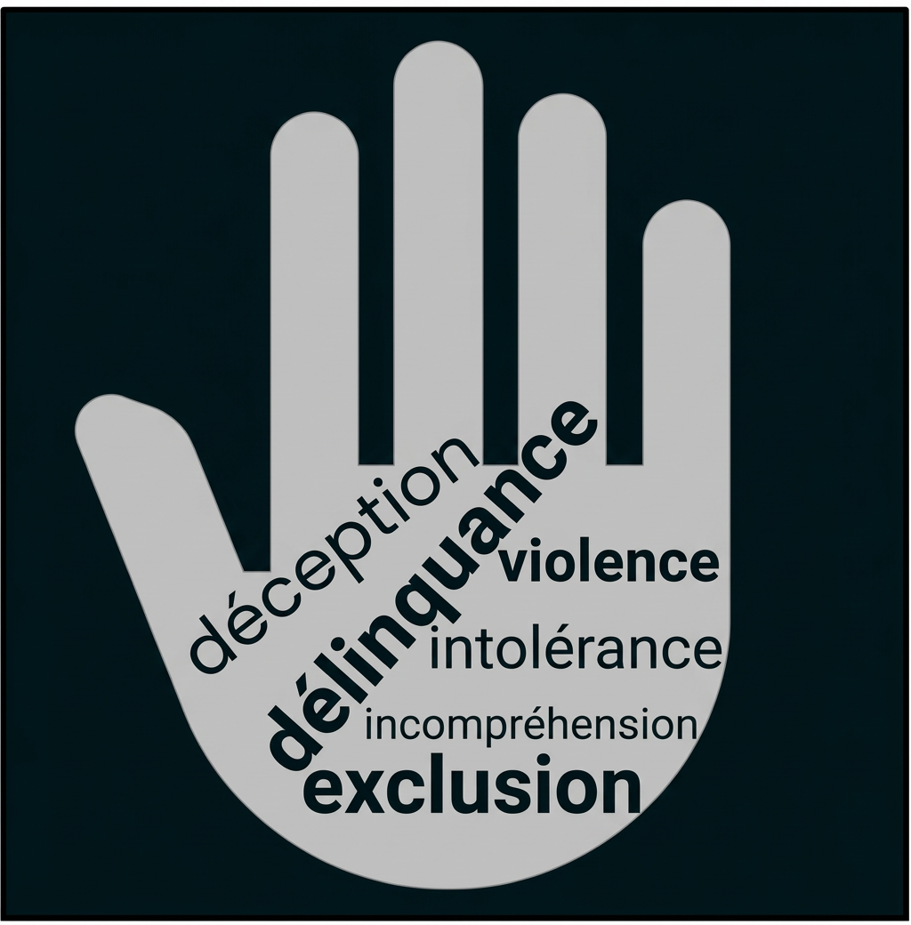 Graue Hand mit französischen Begriffen zu Ausgrenzung, Gewalt und Intoleranz.